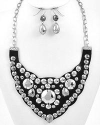 Silver tone, black leatherette bib with acrylic beads and matching fish hook earrings