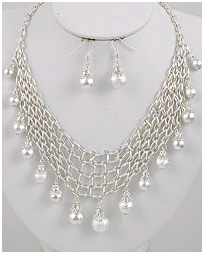 Frosted Silver tone necklace with acrylic spheres and multi rows of chains