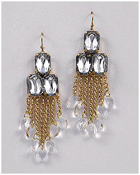 Gold chandelier earrings with chain and lucite drops