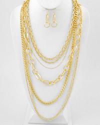 Gold Multi-Strand Chain Necklace with Fish Hook Earrings