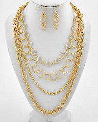 Matte Gold tone multi-strand necklace with clear acrylic accents with matching fish hook earrings