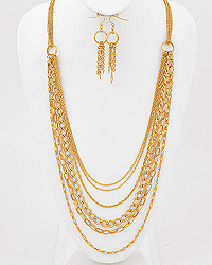Gold tone, long multi strand necklace with various size chains 30" long, and fish hook earrings, lead and nickel compliant