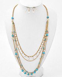 Gold tone Turquoise and pearl beaded necklace with multi-rows of chains and hook earrings