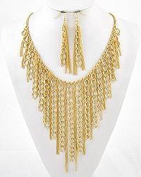Gold tone metal chain bib necklace and hook earrings set.