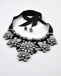 Hematite tone acrylic stone bib necklace on black fabric, post earrings