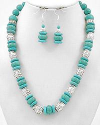 silver tone, turquoise necklace, and earrings