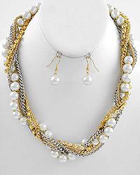 Two-tone braided multi-strand necklace with cream colored pearls